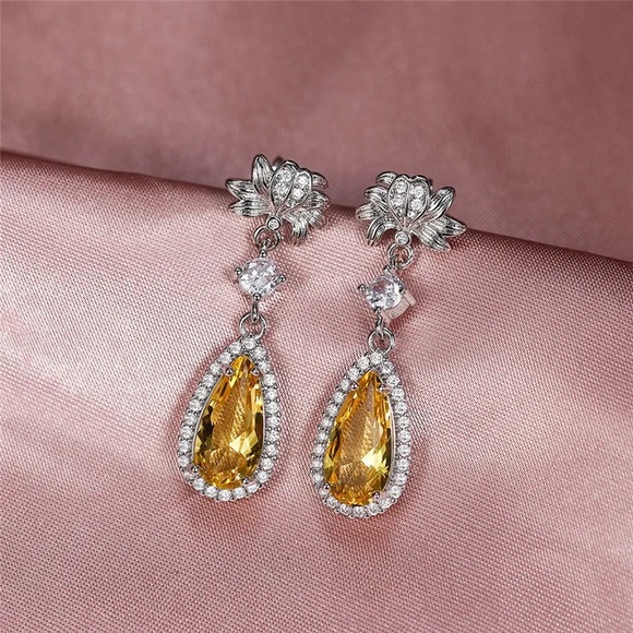 🪷Pear Cut Yellow Topaz &Cz Diamond Silver Lotus Flower post back Drop Earrings - Picture 3 of 6